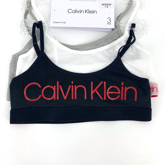 Calvin Klein NWT Girls' Black, Red, White, Grey 3-Pack Classic Crop Bralette, M - Picture 2 of 11